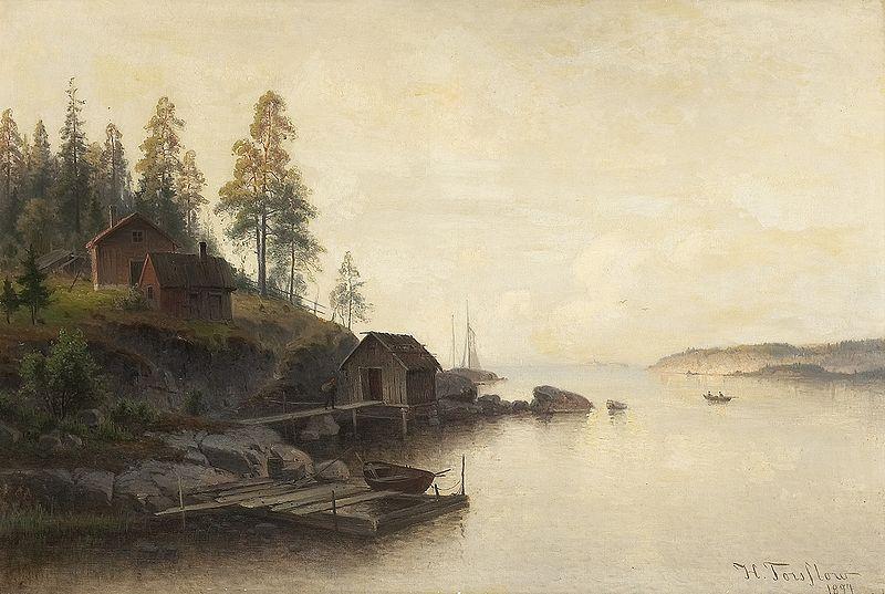 Harald Torsslow Kustlandskap med figurer och stugor oil painting picture